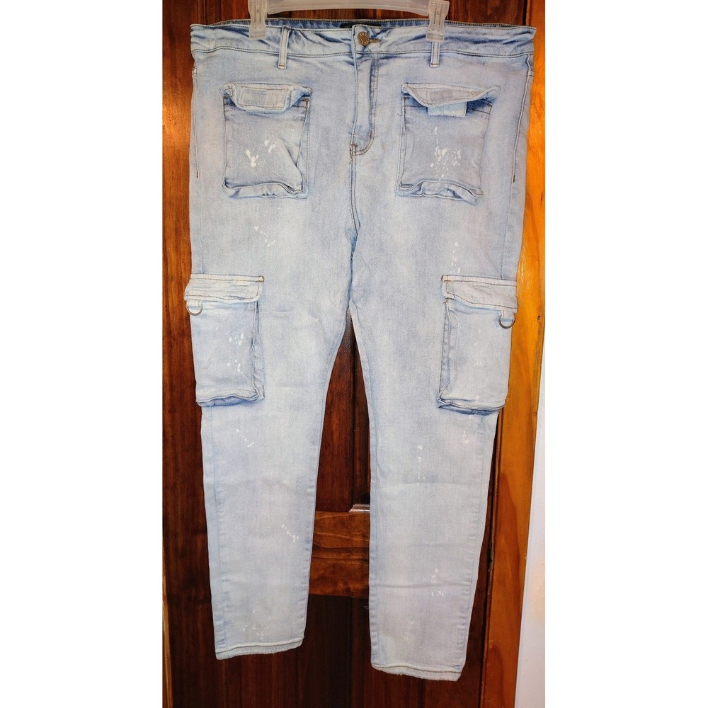 THRT Jeans Mens Size 42 Light Wash Distressed Denim Cargo Pants